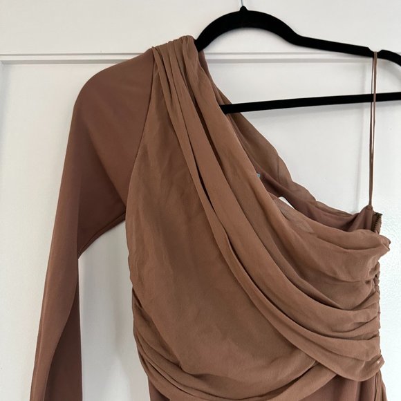 Alice + Olivia Goddess Ruched Mini Dress One Shoulder Asymmetric Sz S/P Brown - Picture 6 of 7